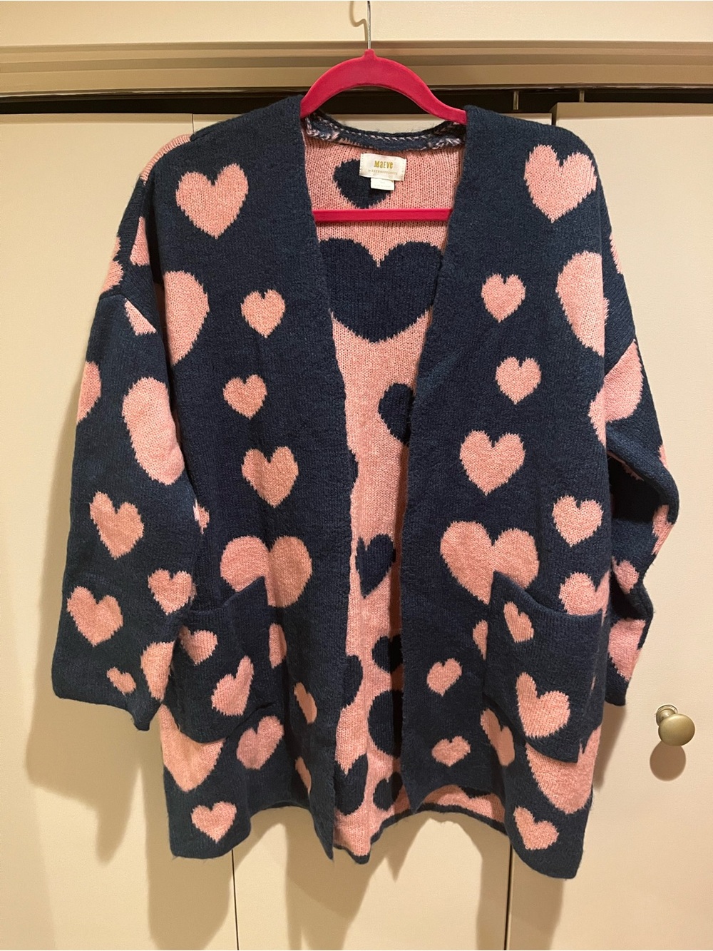 Maeve by Anthropologie Deep Teal & Pink Heart Open Cardigan Sweater